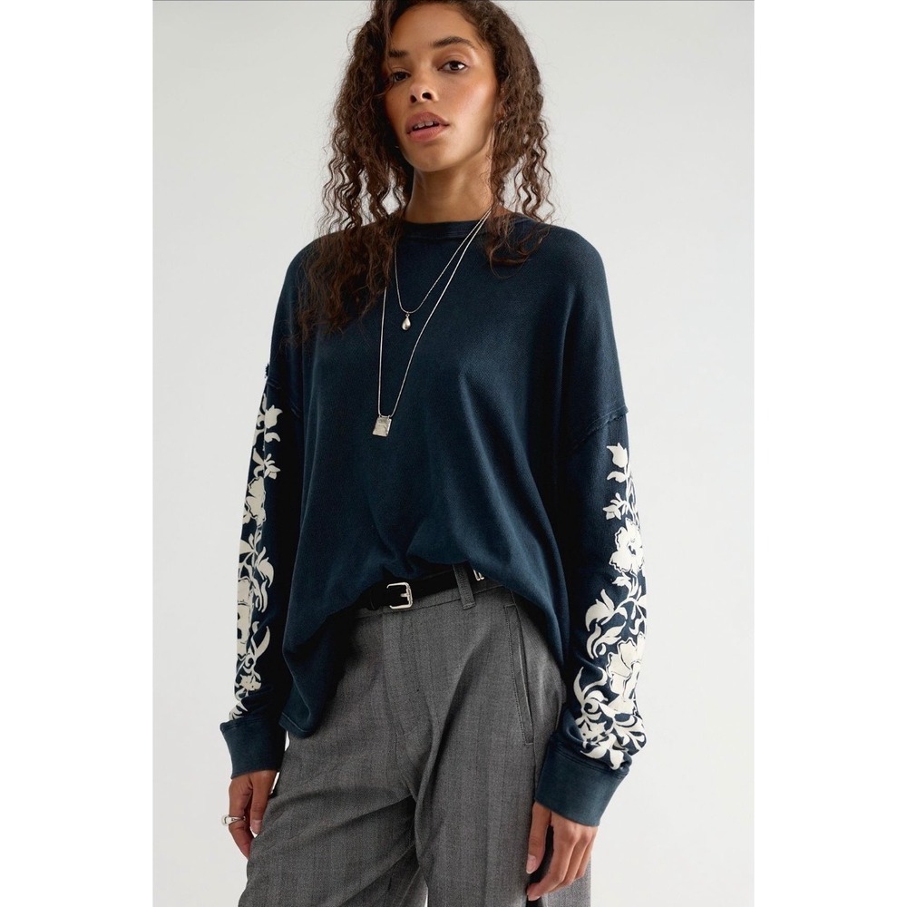 We The Free Flora Long Sleeve Tee Navy Floral Top